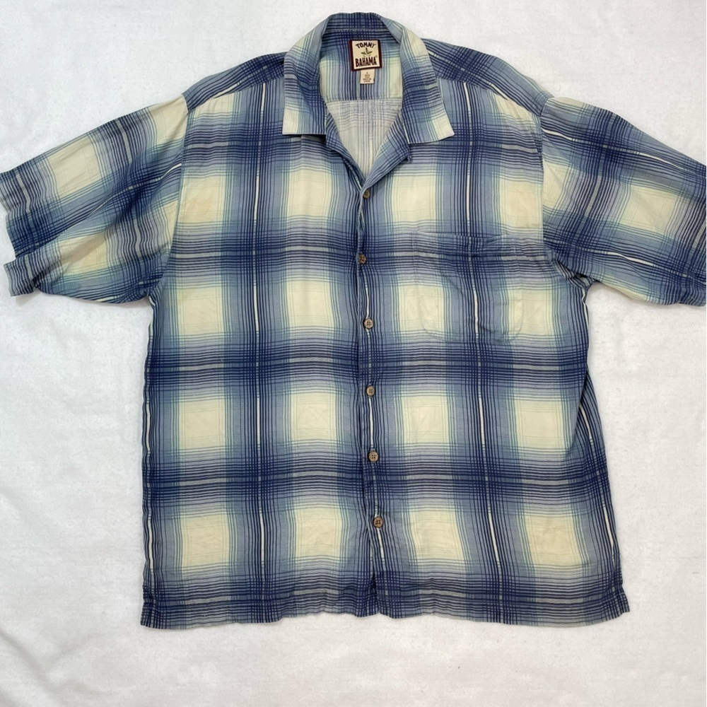 Tommy Bahama silk short sleeve geometric big plaid shirt cream & blues Sz Large 